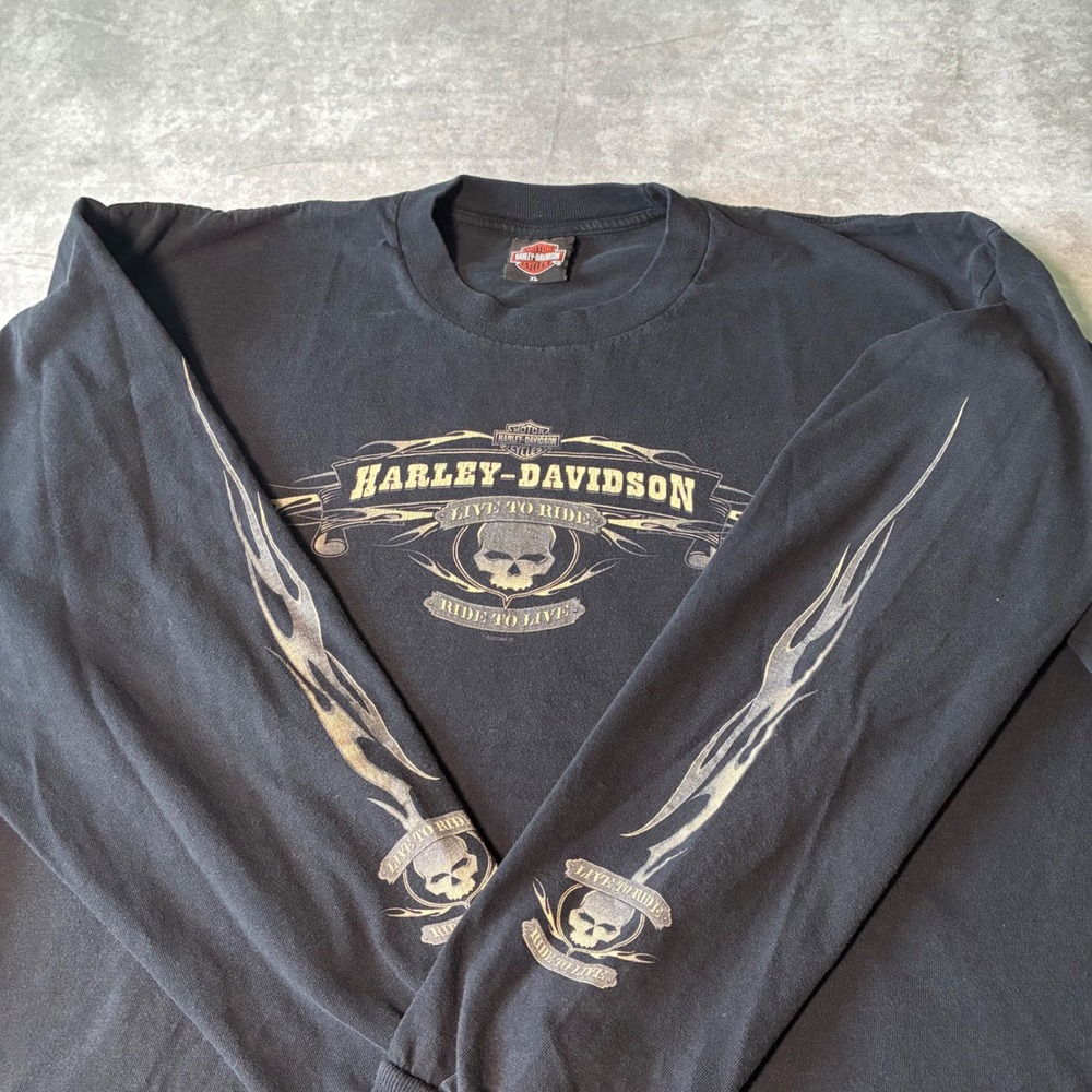 Harley-Davidson Chicago IL Long Sleeve T-Shirt Mens XL Black Skull Flame Graphic